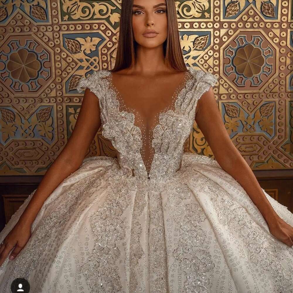 Sexy Deep V-neck Sleeveless Bridal Dress Sparkly Sequins Beads special Arabic Ball Gown Bride Robe Vestido De Novia