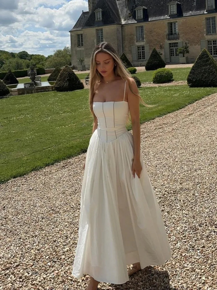 Women Elegant Patchwork Suspenders Maxi Dress Fashion Slim White Backless Sleeveless A-e Dresses Summer Lady Chic Party Robes 240617