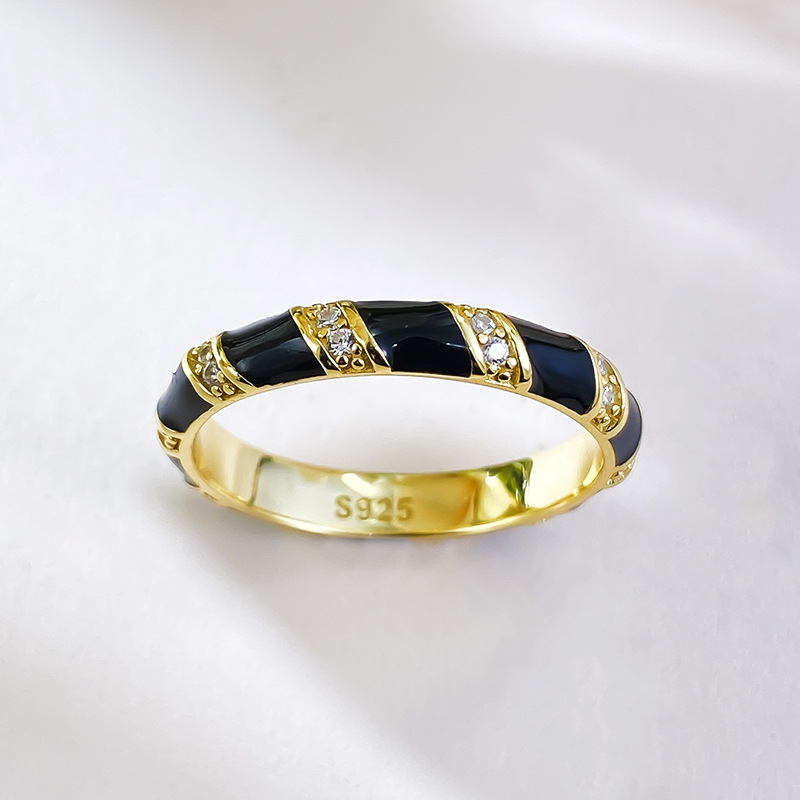 Exquisite Sterg Sier Moissanite Eternity Band: Vintage Wedding Ring, Gold Fill Enamel Stripe Jewelry