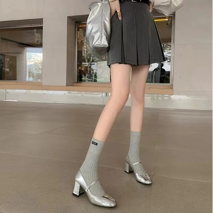 Silver Mary Jane Lolita Shoes Women Autumn Ankle Straps High Heels Pumps Woman Thick Heeled Patent Pu Leather Party Shoes 240617