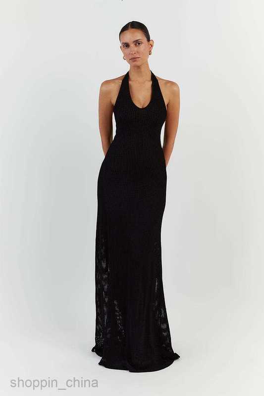 Basic Casual Women Dresses Internet Eye Style Beach Cloth Hanging Neck Holiday Sexy Long Dress Knitted Hollow out Long Dress Summer Girl