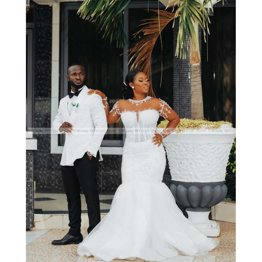 Elegant Mermaid Wedding Dresses for Black Bride O Neck Long Sleeves Sweep Train Button Closure Beading Africa Bridal Gowns