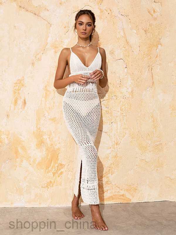 Basic Casual Women Dresses Summer New Vacation Beach Skirt Sexy Deep V Sling Knitted Hollow Dress Swimming Suit Cover up Skirt for Women