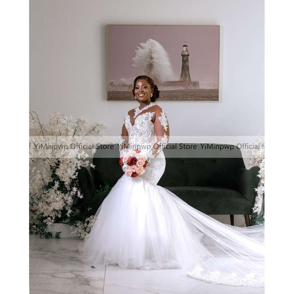 African White Mermaid Wedding Dresses for Bride O Neck Long Sleeve Appliques Crystal Country Bridal Gowns robes de mariee