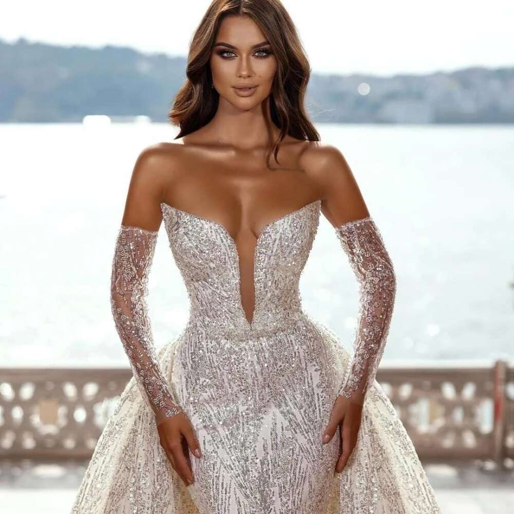 Sexy Deep V-neck Backless special Dress Sparkly Sequins Beads Bride Robe 2024 Mermaid With Detachable Train Bridal Gown