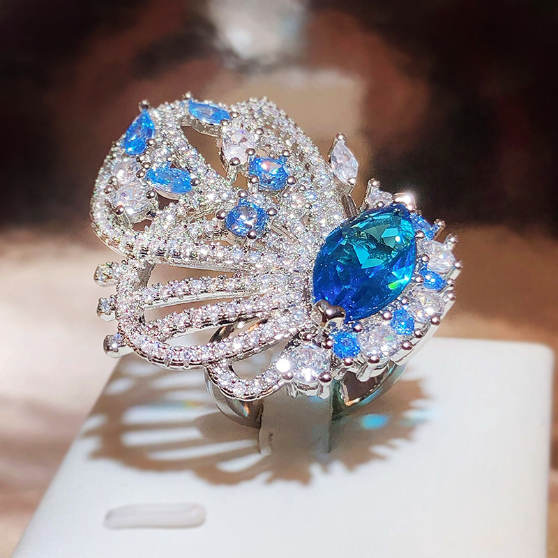 Exquisite 2024 Choucong Marquise Cut Blue Sapphire Queen Party Women Open Wing Ring