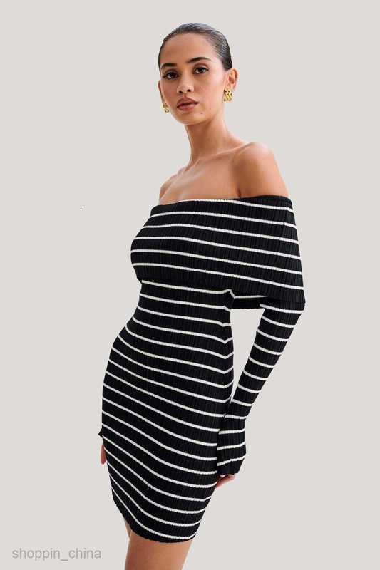 Basic Casual Women Dresses Wind Beach Vacation Shoulder Stripe Long sleeved Skirt One line Neck Knitted Casual Short Dress for Women