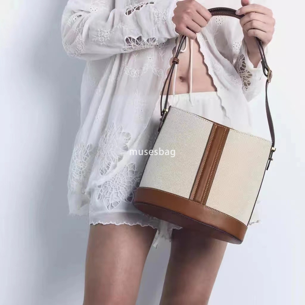 Neutral Wind Canvas Women Bag Spring and Autumn New Product Handheld Large Capacity Canvas Colored Spliced Shoulder Crossbody Water Bucket Bag for Wom