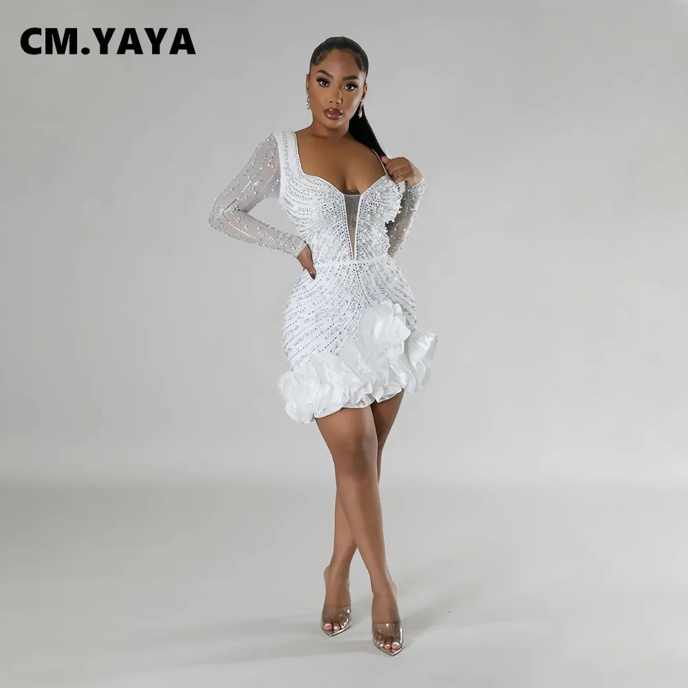 CM.YAYA Spring Women Long Sleeve Ruffles Drilling Bead Short Dress Sexy Night Club Evening Birthday Mini Dresses Vestidos 240617