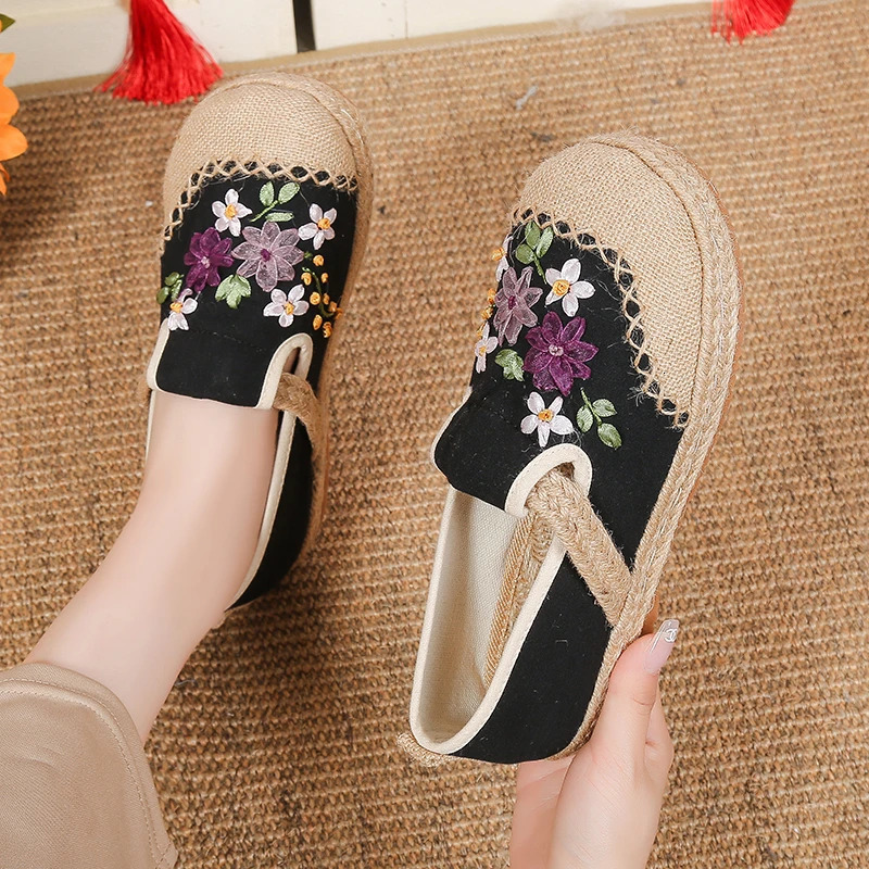 2024 Autumn Comfortable Canvas Casual Shoes Womens Embroidery Flowers Flats Womens Espadrille Shoes Womens 240615
