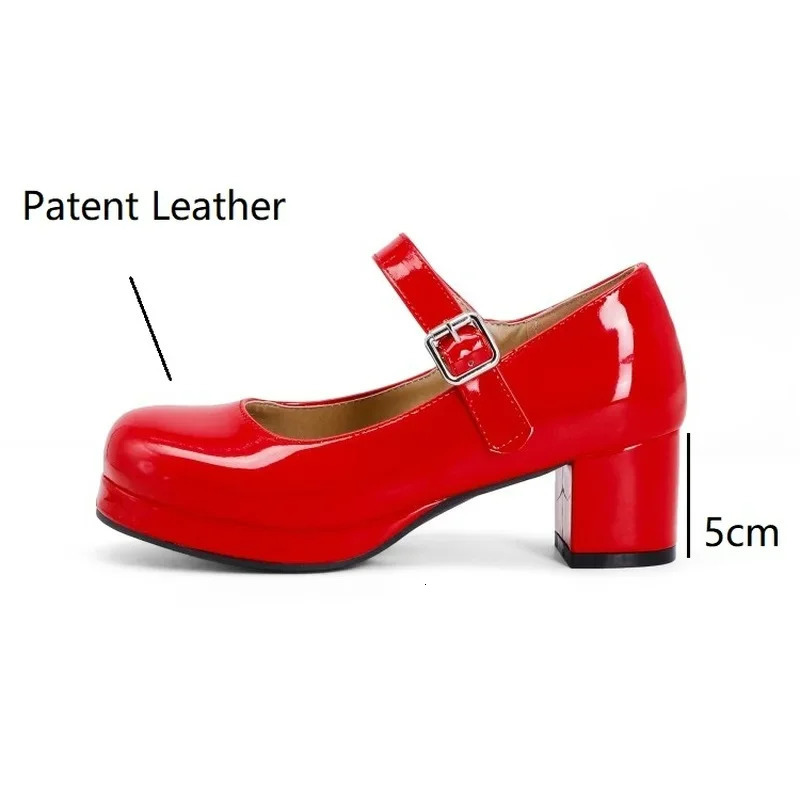 LeShion Of Chanmeb Patent Leather Pumps Women Block Heels Mary Janes Lolita Shoes Red White Yellow Green Orange Pumps Size 30-50 240617