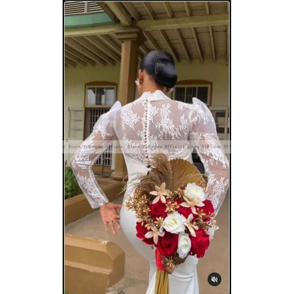 Africa Mermaid special Dresses for Bride 2024 High Neck Long Puff Sleeve Sweep Train Lace Pleats Garden Beach Bridal Gowns