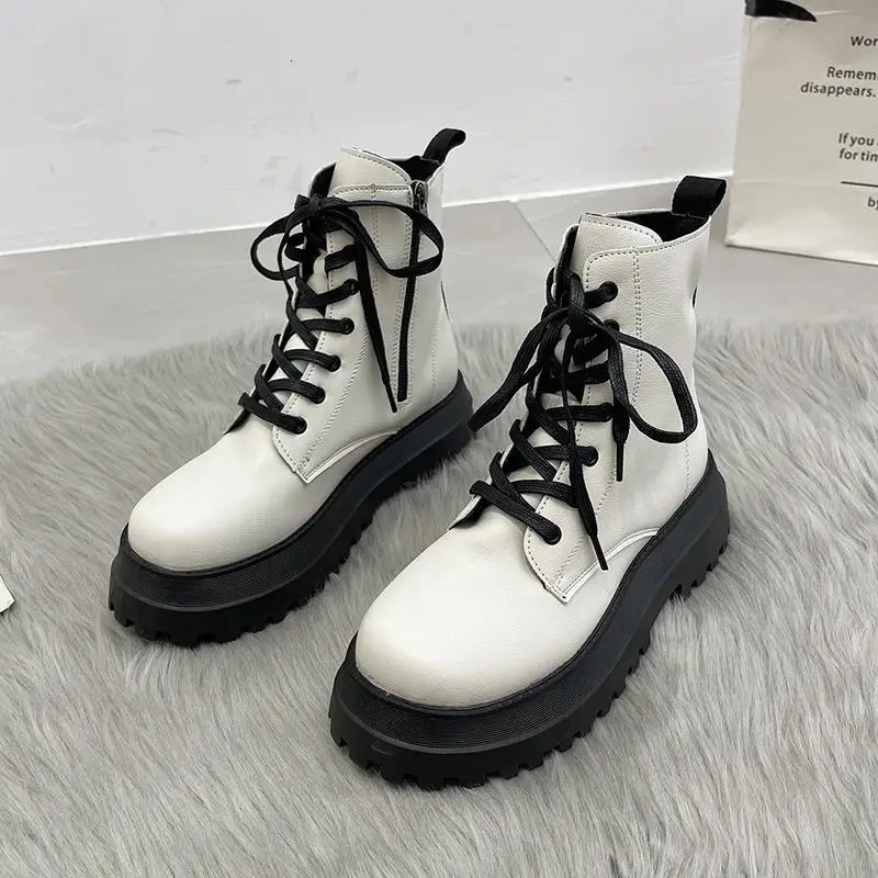 Footwear Combat Chunky Short Shoes for Women Work Booties Sneakers Female Ankle Boots Black Punk Style Leather White Platform Pu 240617