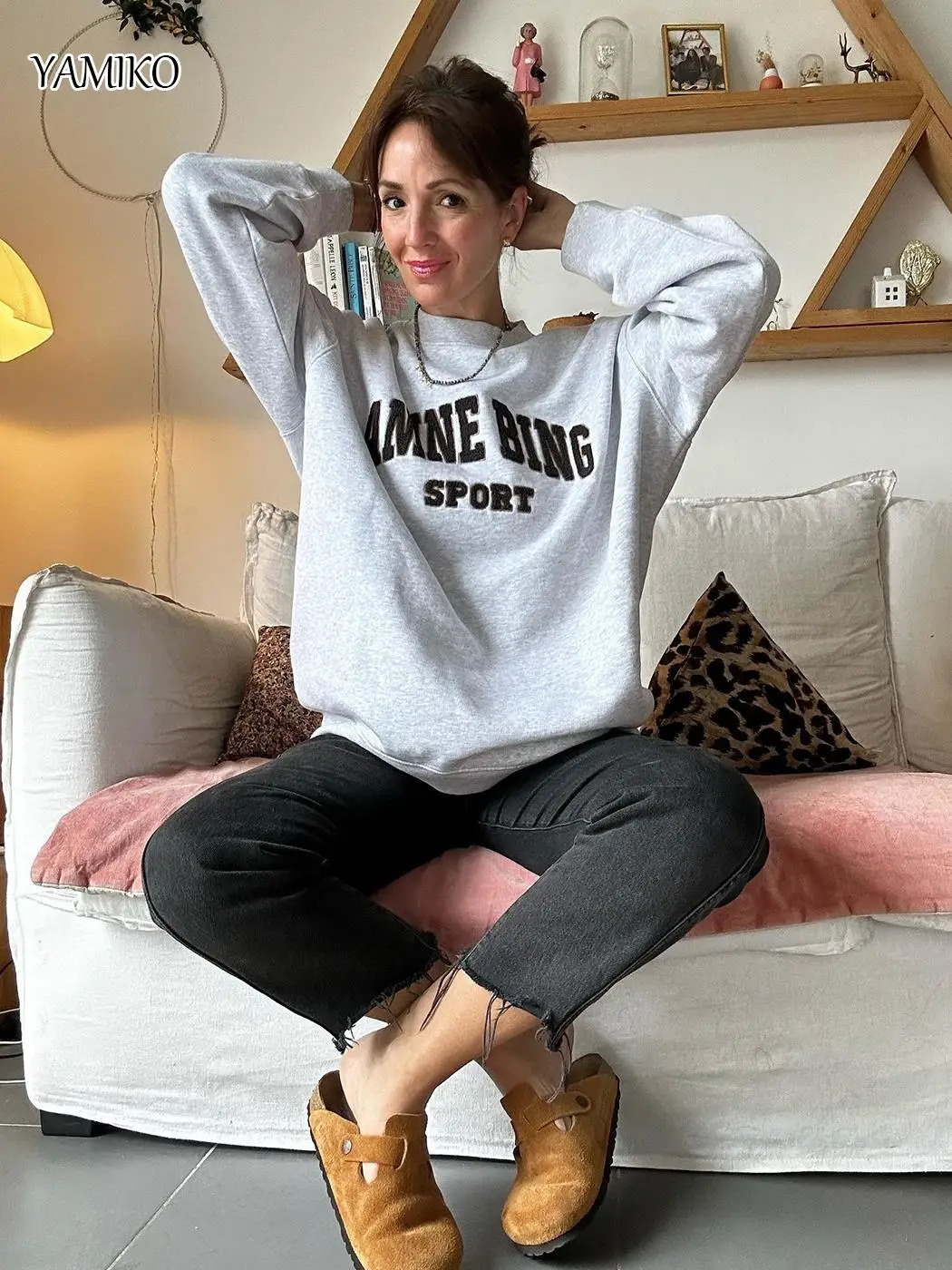 YAMIKO 2024 Spring Embroidery Letter Sweatshirts Women Long Sleeve O Neck Pullover Tops Loose Casual High Street Sweatshirt Tops 240513