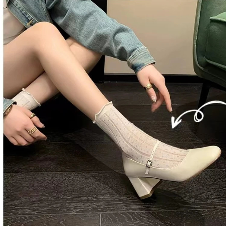 Silver Mary Jane Lolita Shoes Women Autumn Ankle Straps High Heels Pumps Woman Thick Heeled Patent Pu Leather Party Shoes 240617