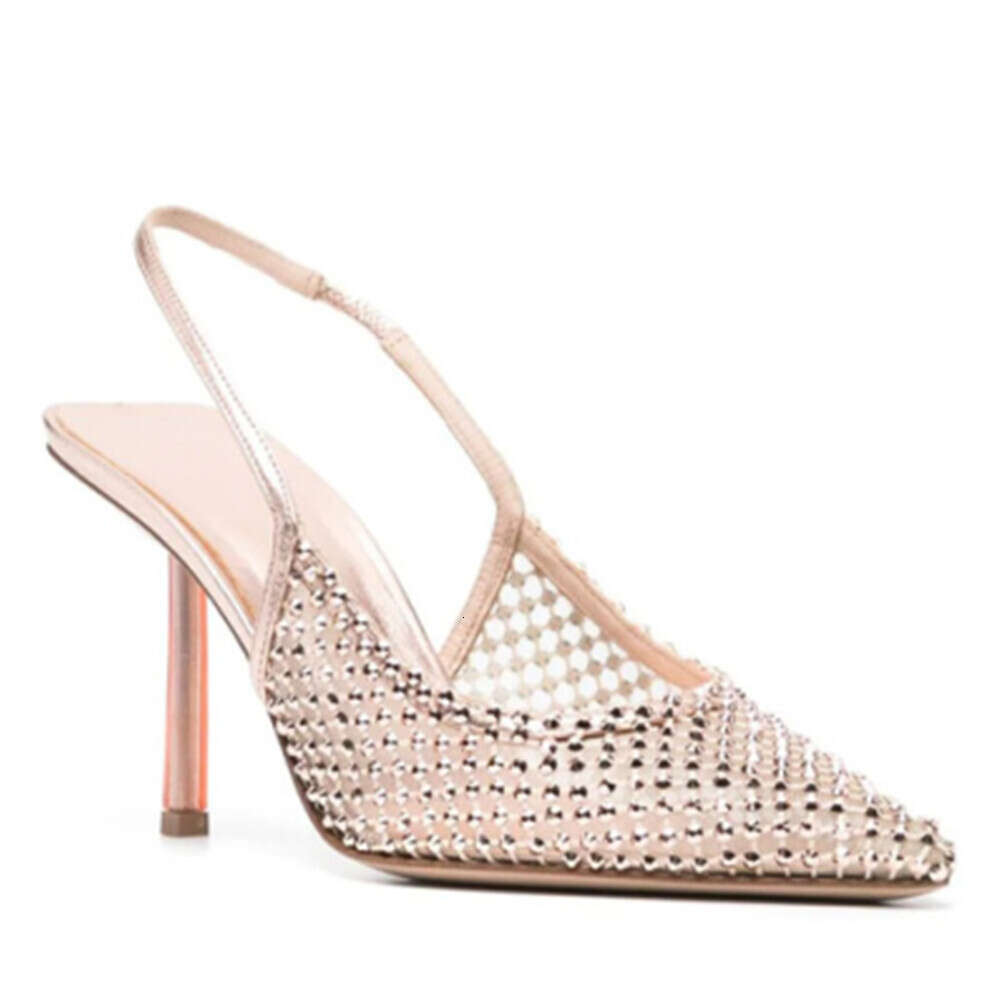 2024Women's Summer New Water Diamond Mesh Transparent High Sandals Pointed Head Large Size Thin Heel Shoes Women's