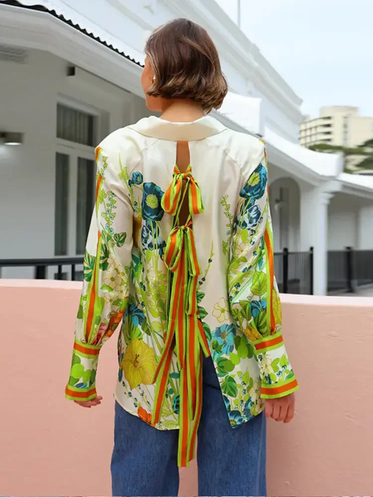 Women Causal Satin Floral Print Pants Set Fashion Lapel Back Hollow Lace Up Long Sleeve Buttons Shirt Suit Lady Street Outfit 240617 - view 4