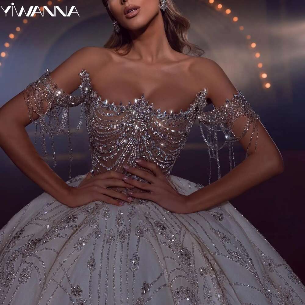 Graceful Off The Shoulder Bridal Dress Sparkly Sequins Beads special Crystal Ball Gown Bride Robe Vestido De Novia