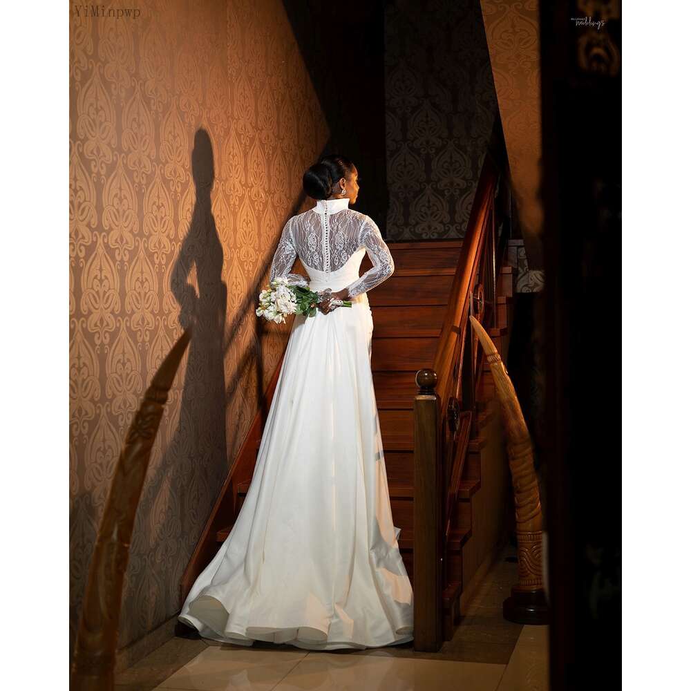 YiMinpwp Ivory Mermaid Wedding Dresses with Detachable Overskirt Stand Collar Long Sleeve Sweep Train Lace robes de mariage