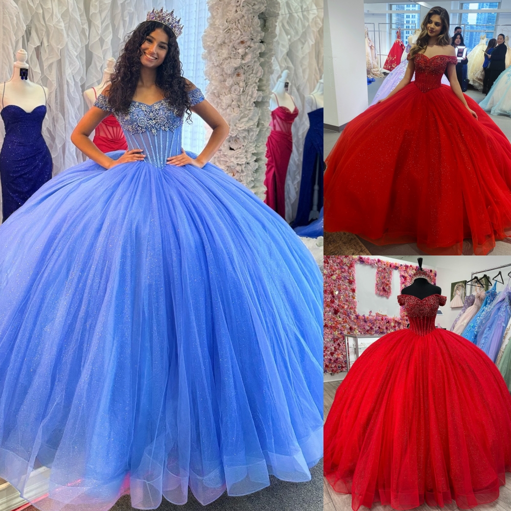 Sparkling Quinceanera Dress Shimmering Glitter Tulle AB Stone Ball Mexican Quince Sweet 15/16 Birthday Party Gown for 15th Girl Drama Winter Formal Pr