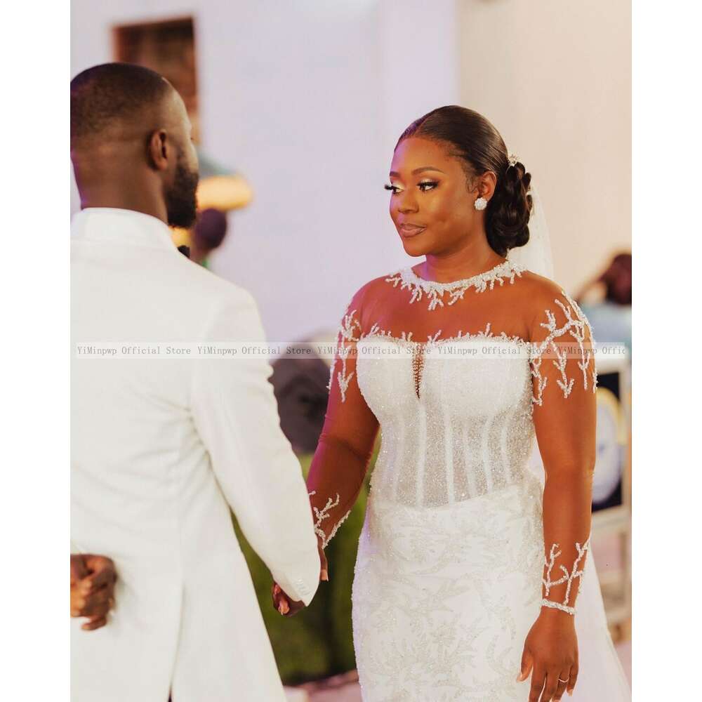 Elegant Mermaid Wedding Dresses for Black Bride O Neck Long Sleeves Sweep Train Button Closure Beading Africa Bridal Gowns