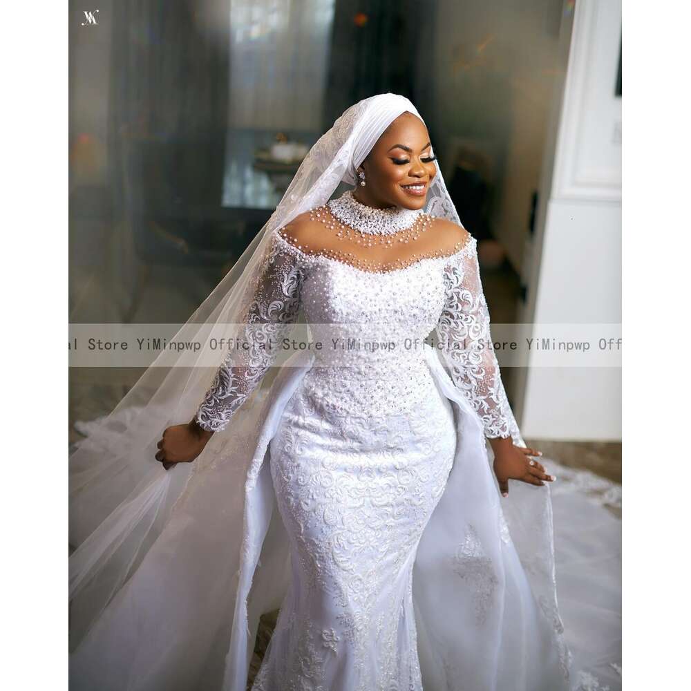 Modest Mermaid special Dresses with Detachable Train Muslim Bridal Gowns High Neck Long Sleeve Lace Beading vestido de casamento