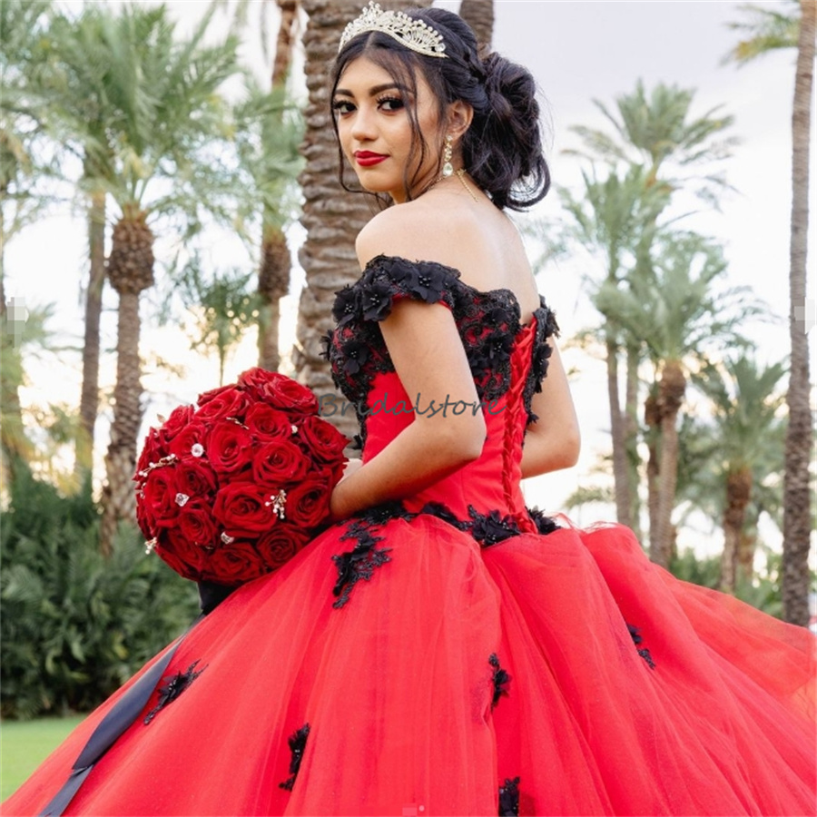 Mexican Red With Black Quinceanera Dresses 2024 Charro Off Shoulder Flowers Lace Vestidos De 15 Anos Xv Lujo Sixteen Birthday Party Gown Beaded Robe D