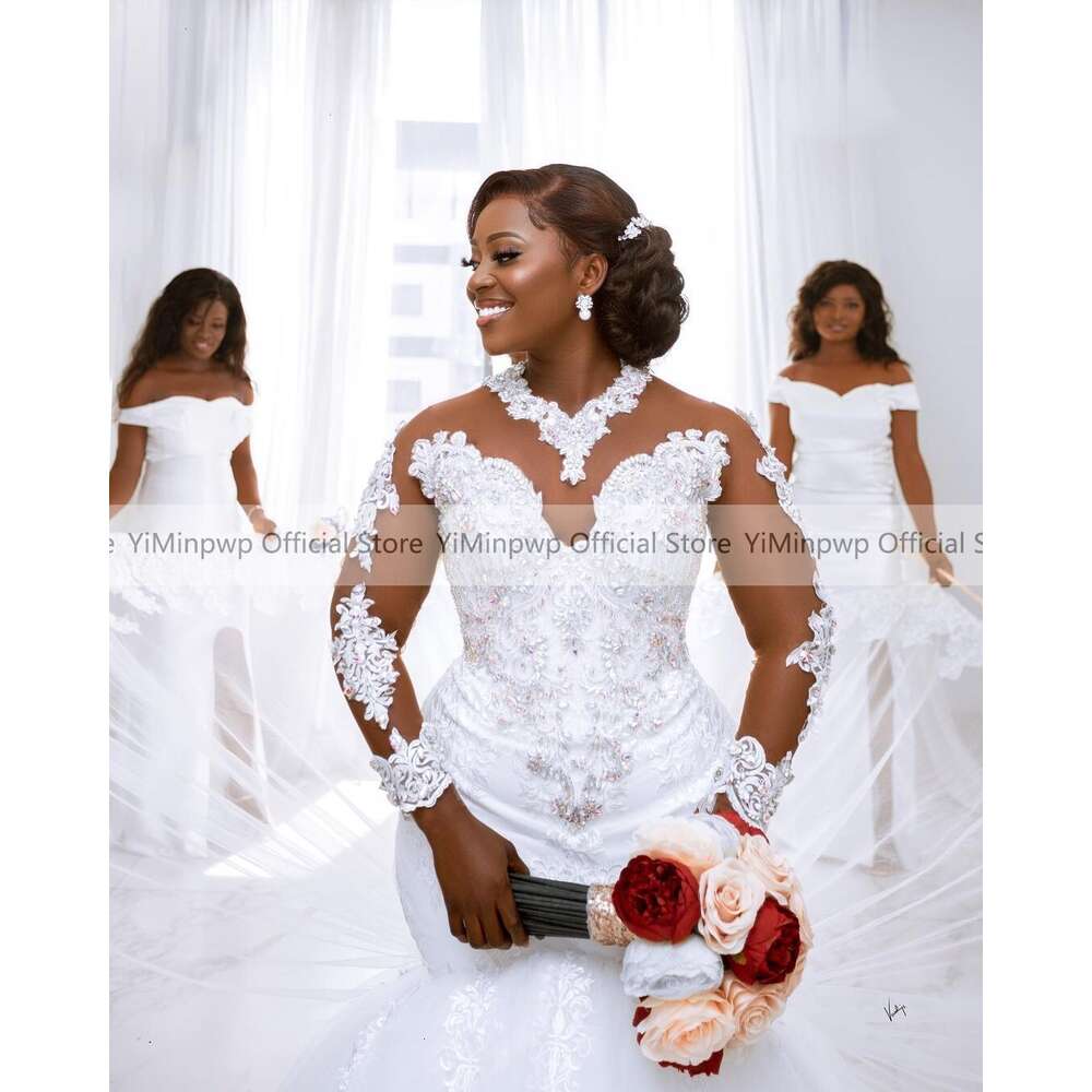 African White Mermaid Wedding Dresses for Bride O Neck Long Sleeve Appliques Crystal Country Bridal Gowns robes de mariee