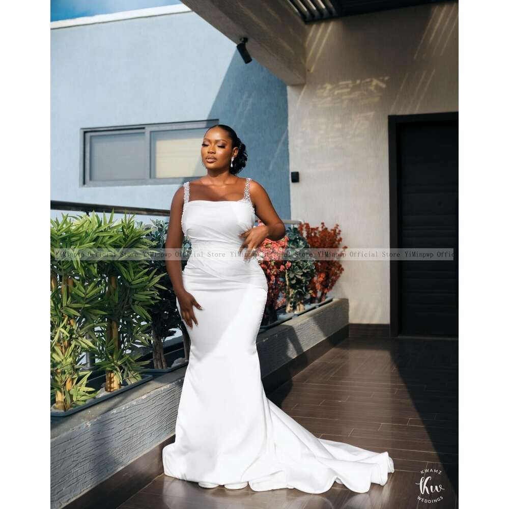 Neat White Mermaid Wedding Dresses with Detachable Train Sheer Neck Sleeveless Beading Illusion African Garden Hotel Bridal Gown