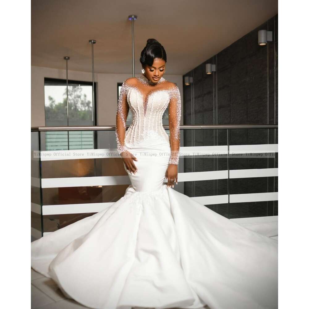 Lavish Mermaid Wedding Dresses for Bride High Neck Long Sleeve Pearls Beading African Bridal Gowns robes de mariee Customized
