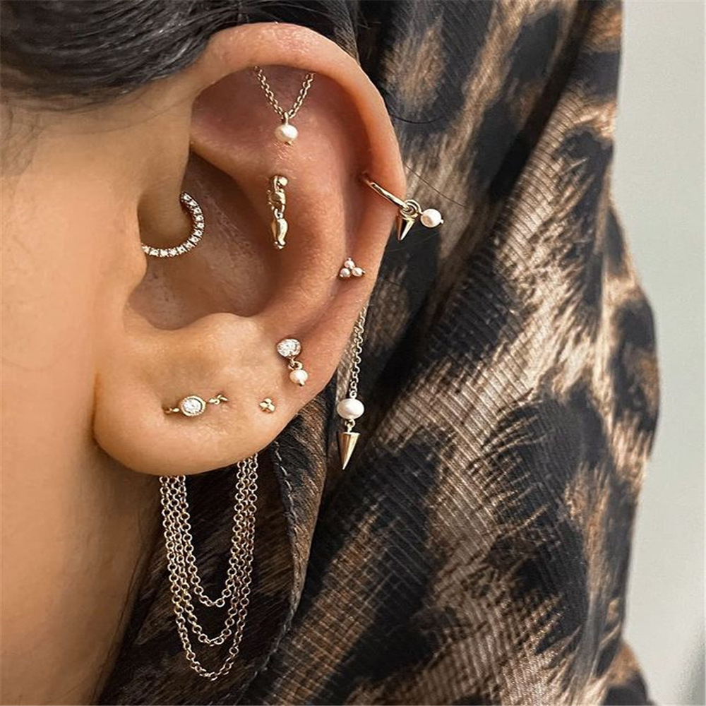 2024 S Sterg Sier Tassel Pearl Double Chain Piercing Earrings