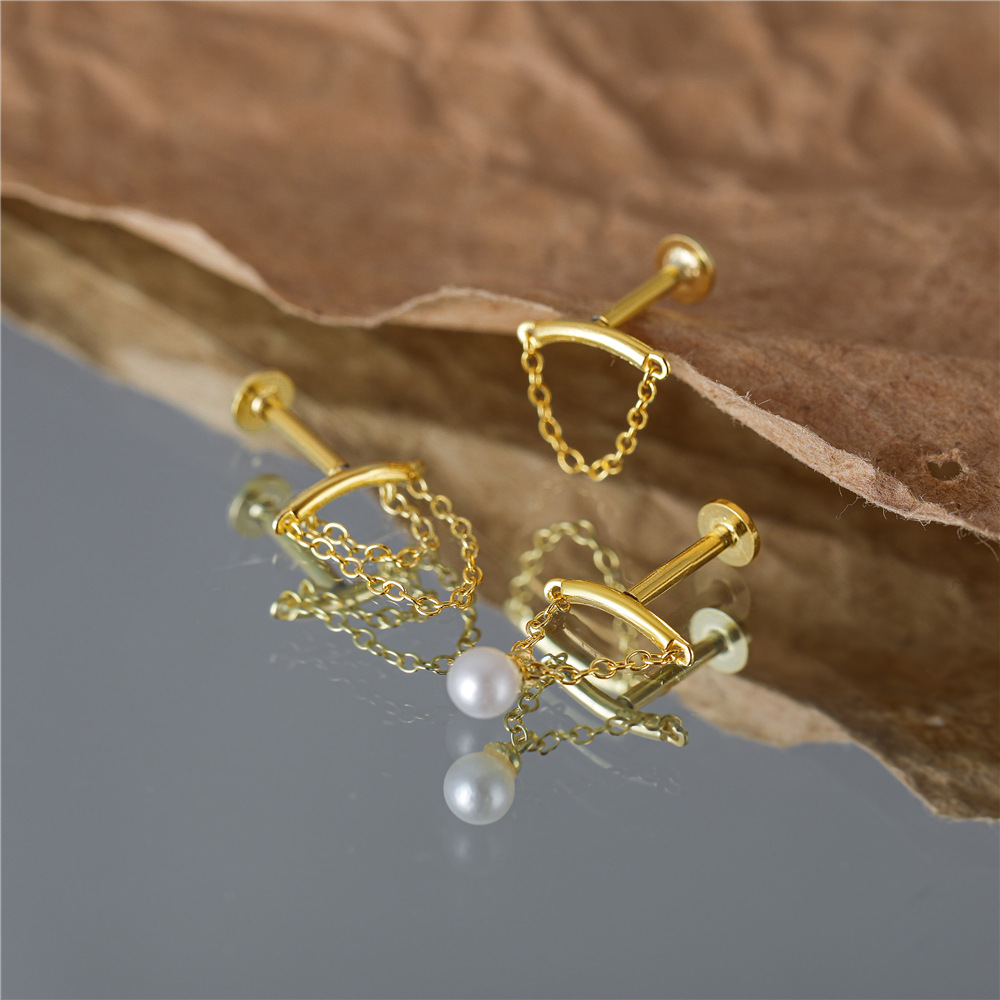 2024 S Sterg Sier Tassel Pearl Double Chain Piercing Earrings