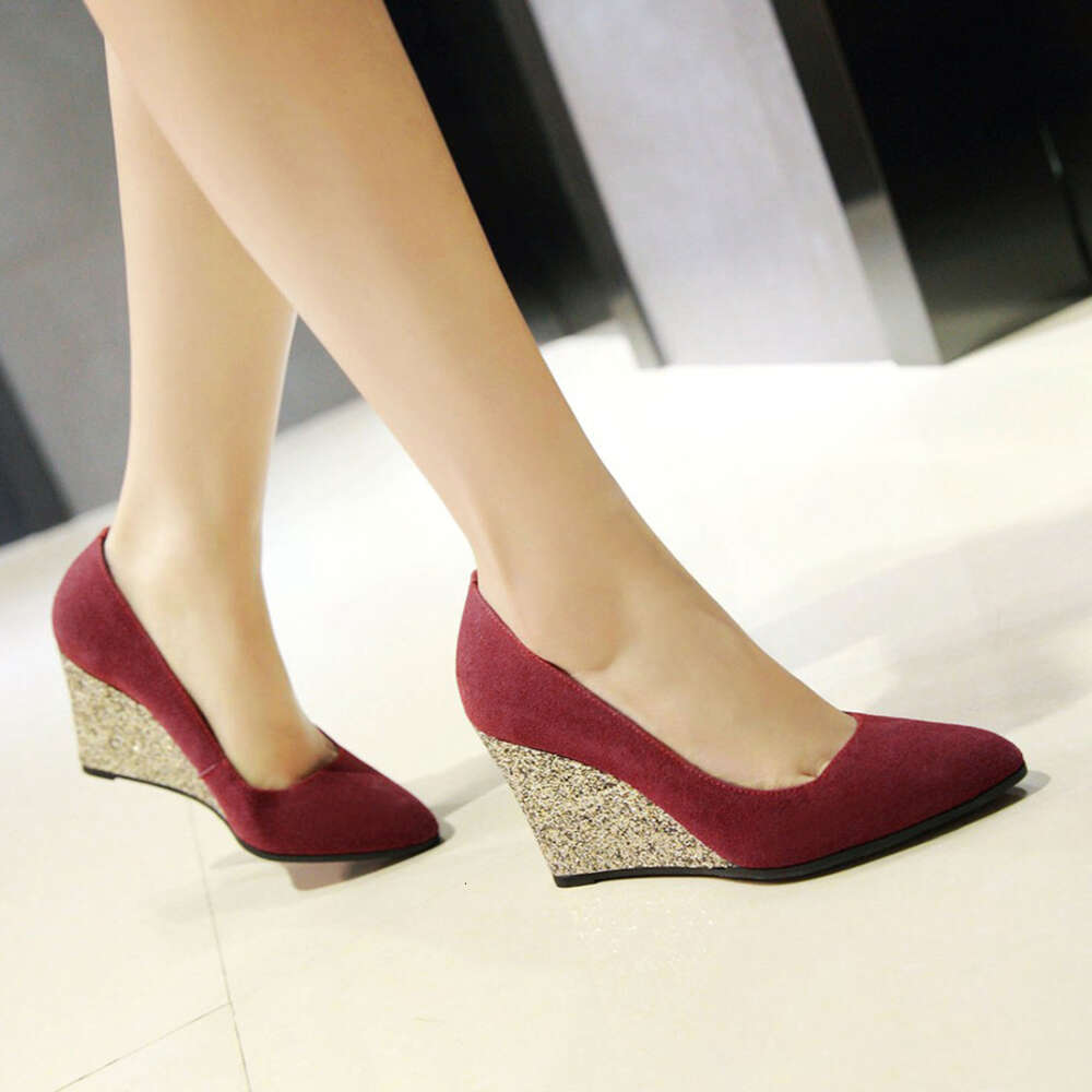Spring New Pointed Toe Wedge Casual Shoes Women Comfortable Pumps Woman Fashion Slip On High Heels Flock Bling Shallow Female