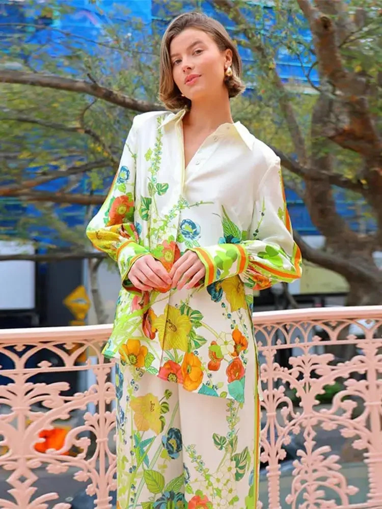 Women Causal Satin Floral Print Pants Set Fashion Lapel Back Hollow Lace Up Long Sleeve Buttons Shirt Suit Lady Street Outfit 240617 - view 3