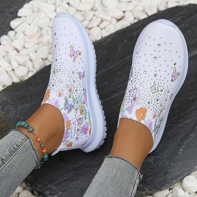 Womens Soft Print Apartment Autumn Breathable Knitted Platform Sports Shoes Womens Flower Casual Shoes Plus Size 43 240615