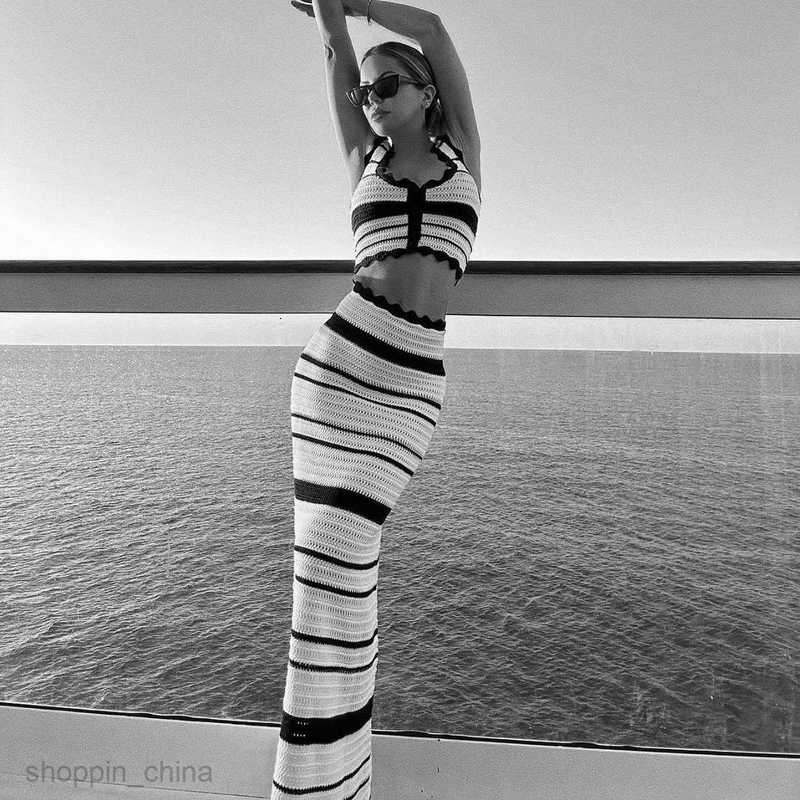 Two Piece Dress Sets Striped Casual Tank Top Beach Bohemian Style Contrast Color Long Skirt Knitted Set for Women