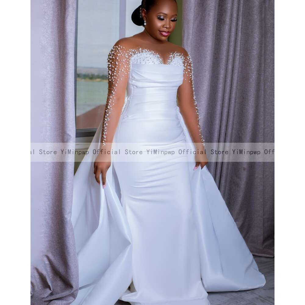Shinny White Mermaid Wedding Dresses with Detachable Train Sheer Neck Long Sleeves Pearls Beading Africa Bridal Gowns