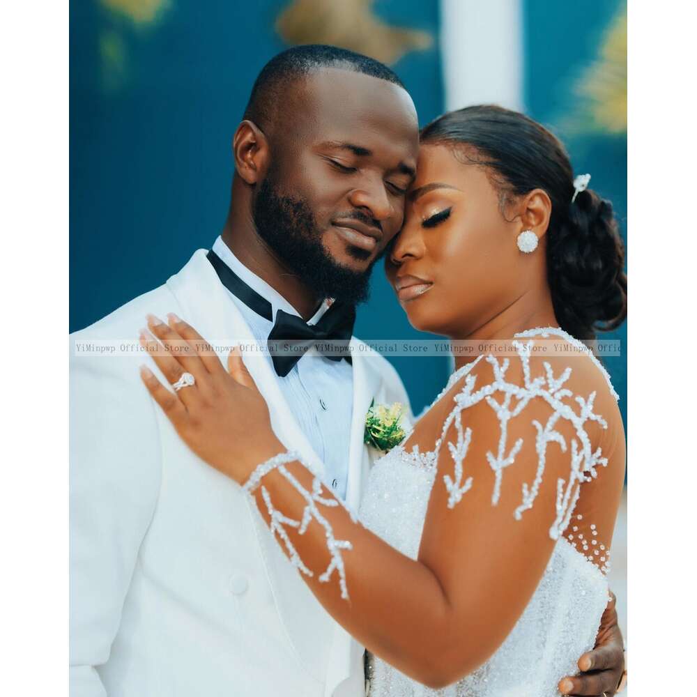 Elegant Mermaid Wedding Dresses for Black Bride O Neck Long Sleeves Sweep Train Button Closure Beading Africa Bridal Gowns