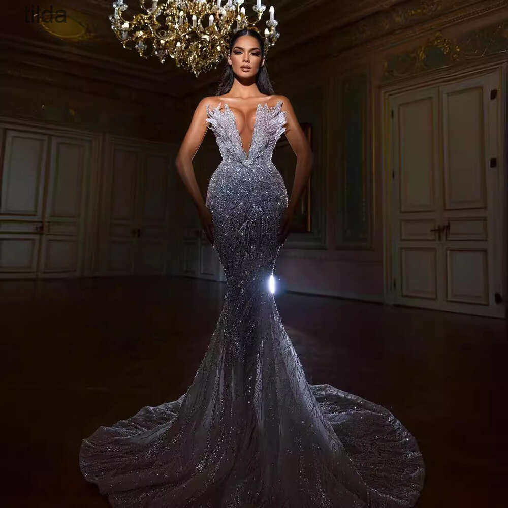 Quality Bridal Top Mermaid Wedding Spring/Summer Sequin Fishtail V-Neck Sleeveless Long Style Elegant Banquet Dress