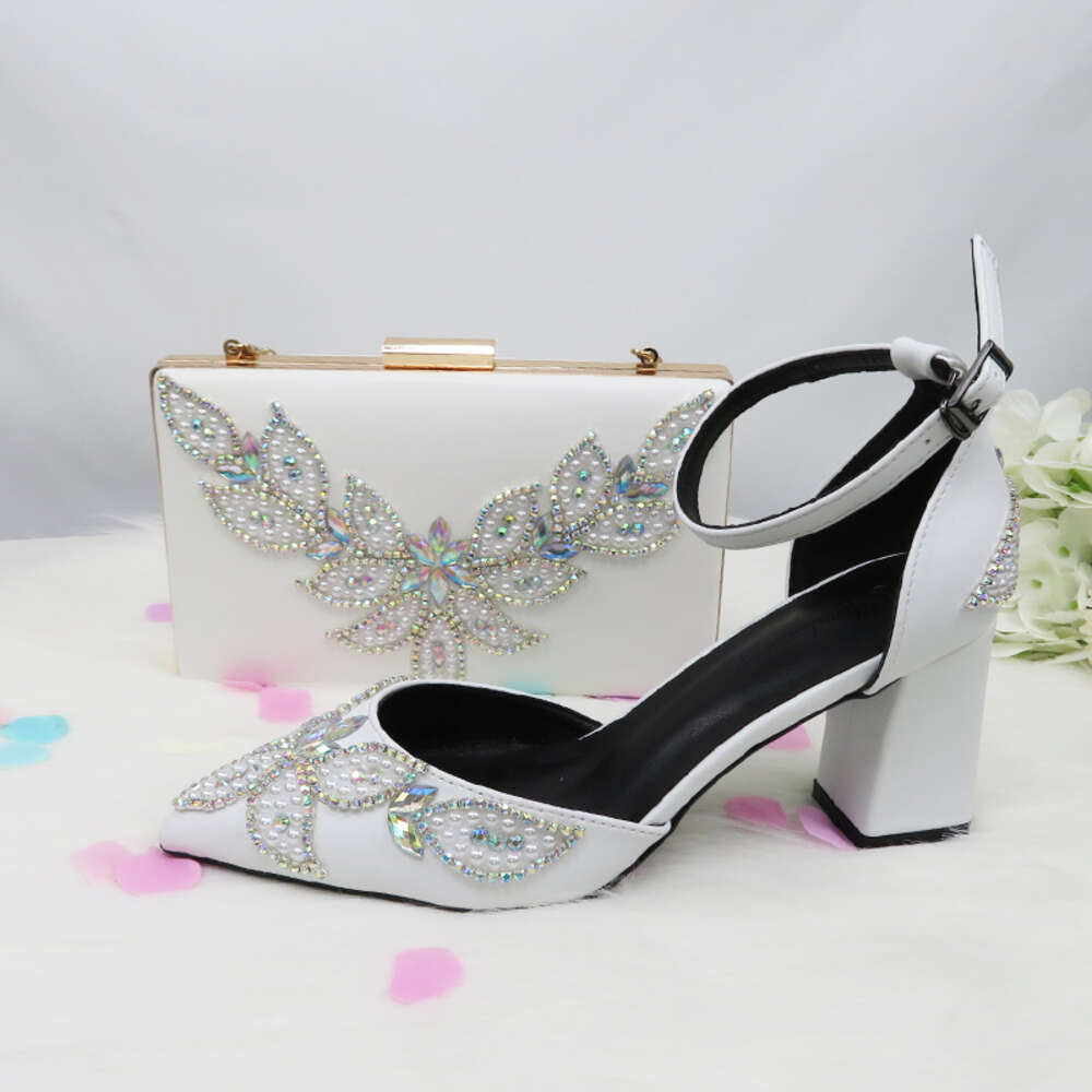 Baoyafang White Beads Pearl Wedding Bride Pointed Toe Square Thick High Heel Party Dress Shoes And Bag Set Ankle Strap