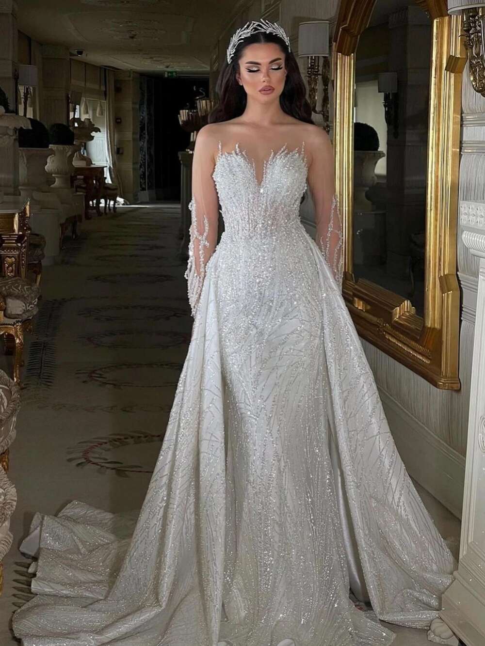 Modest Long Sleeve Bridal Dress Sparkly Sequins Beads Wedding Gown Mermaid Detachable tail Bride Robe Vestido De Novia