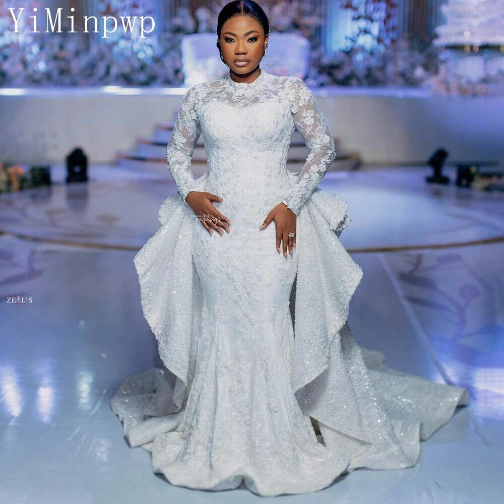Civil Nigerian Mermaid Wedding Dresses with Detachable O Neck Long Sleeve Sweep Train Lace Sequin Town Hall Bridal Gowns