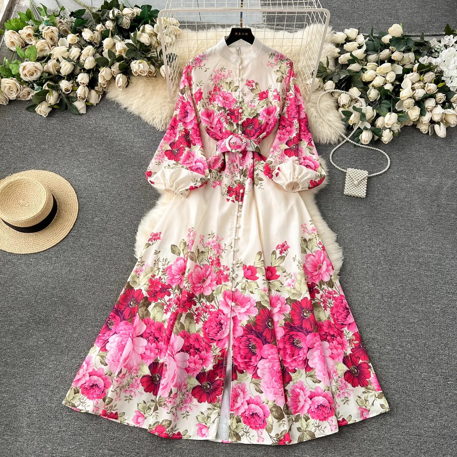 Elegant Gorgeous Floral Bohemian Dress Spring Women Stand Long Lantern Sleeve Floral Print Belt Linen Long Vestidos Clothes 6235 240617