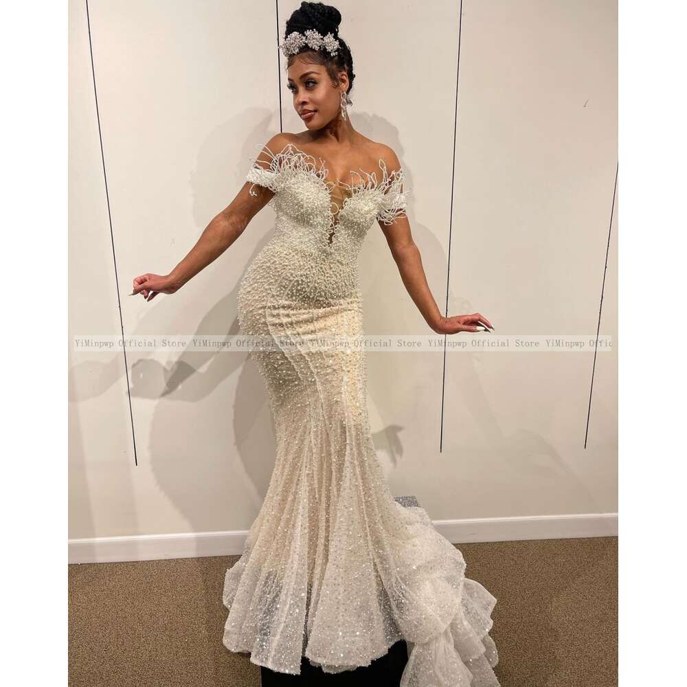 Lavish Mermaid special Reception Dresses for Bride Off Shoulder Sweep Train Pearls Sequined Beading African Bridal Gowns Bespoke