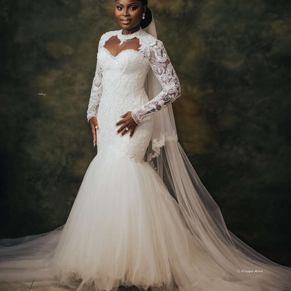 Mermaid African Wedding Dresses For Bride O Neck Long Sleeve Sweep Train Lace Beading Tulle Garden Country Bridal Gowns