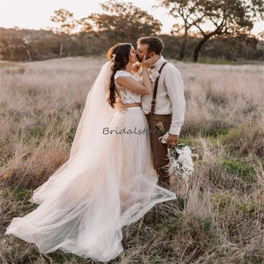 Elegant Two Piece Wedding Dresses 2024 Cap Sleeve Lace Forest Country Bride Dress Tulle Sweep Train Bohemian Bridal Gowns Vestio De Novia Women Farm R
