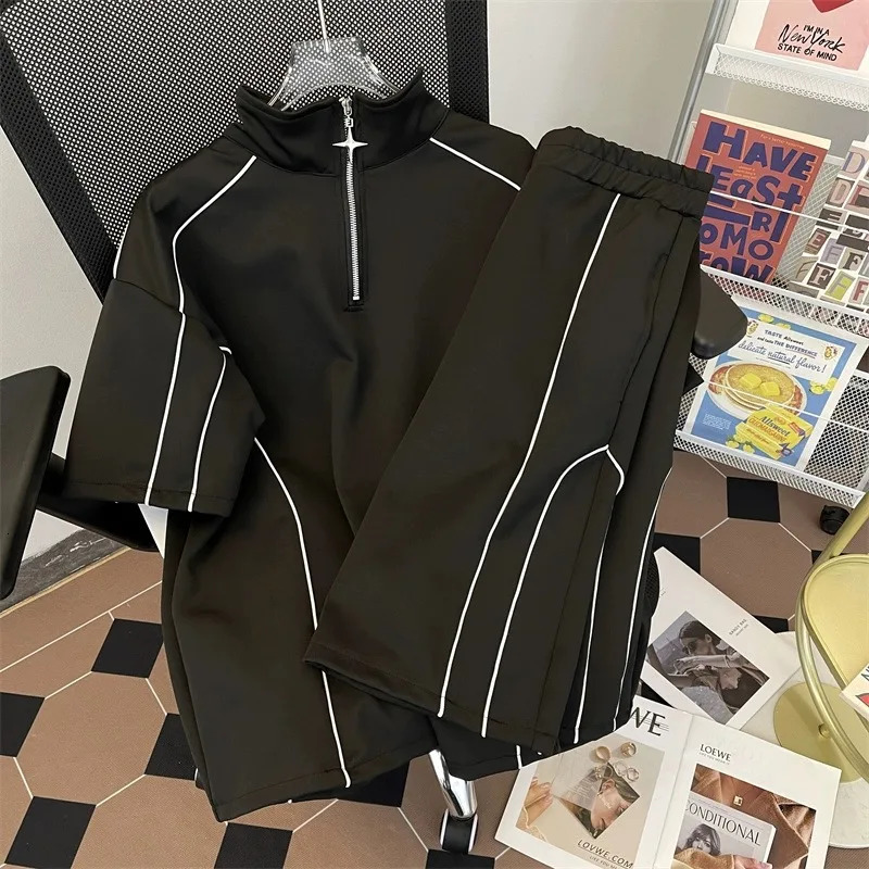 Chic Ins Men Summer Breathable Pajamas Sets Male Zipper Striped Tops Knee Length Shorts Casual Party Club Streetwear Trendy Y2k 240513