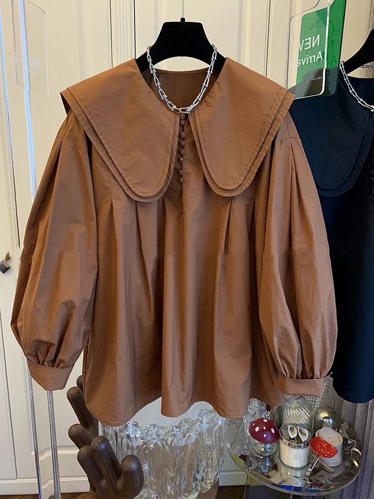 Spring and Autumn Retro Blouse Shirt Peter Pan Collar Lantern Sleeve Casual Top Female 240617