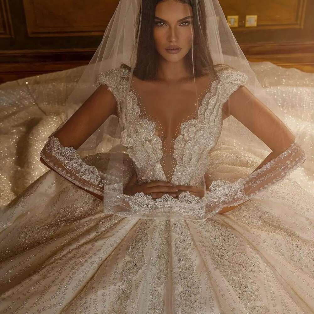 Sexy Deep V-neck Sleeveless Bridal Dress Sparkly Sequins Beads Wedding Arabic Ball Gown Bride Robe Vestido De Novia
