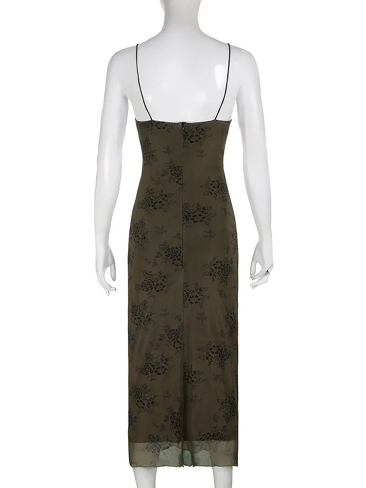 Y2K Retro Fashion Strap Printing Summer Maxi Dress Women Fairycore Grunge Chic Party Long Mesh Dresses Gothic Clothes 240615